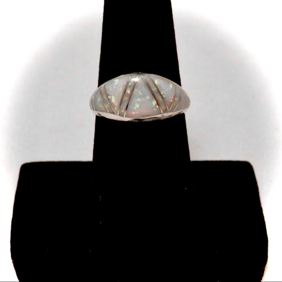 Sterling Silver Inlay White Lab Opal Dome Ring - Picture 4 of 12